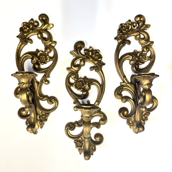Set of 3 Homeco 1971 Resin Gold Candelabras Wall Decor Floral Scroll Vintage - Picture 3 of 5